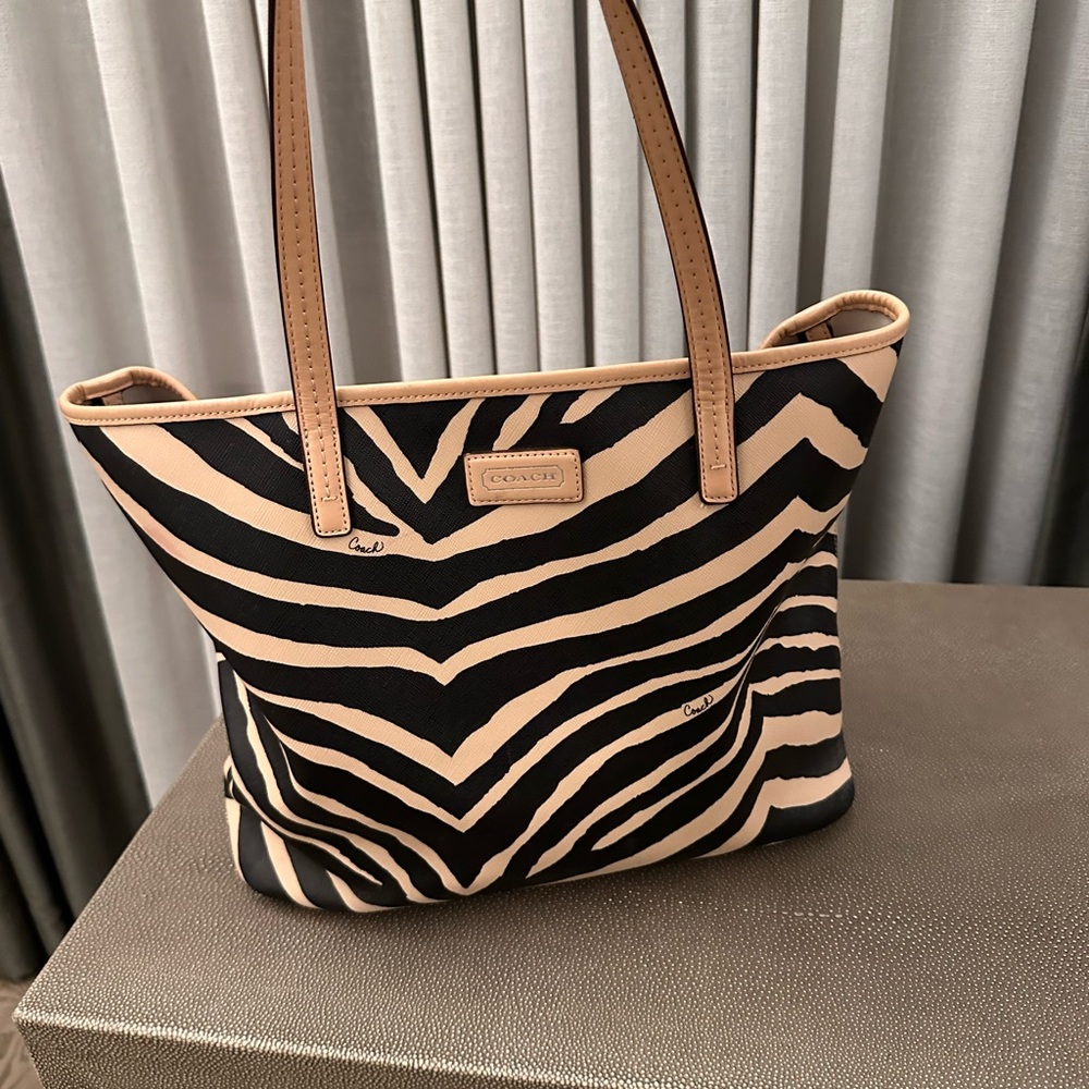 Coach Black and Tan Tote Bag with Zebra Print